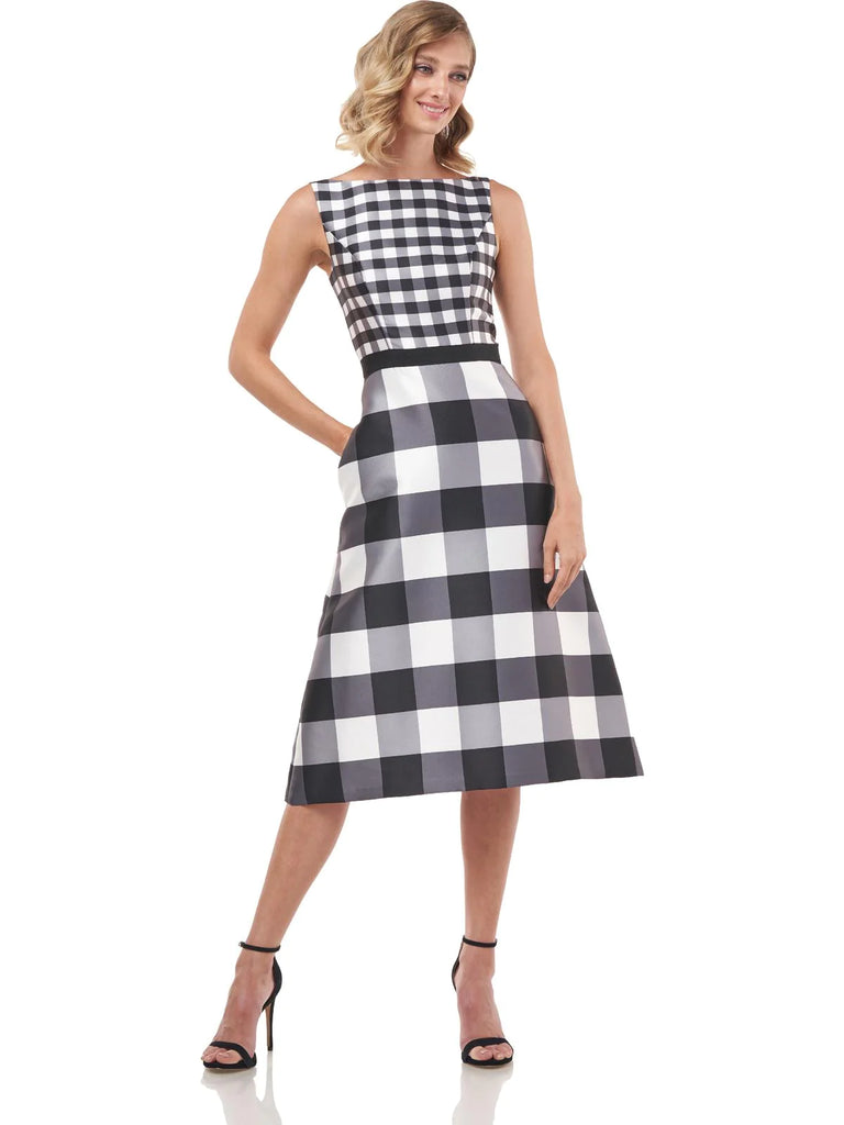 Kay Unger Pauline Printed Gingham Mikado Midi Dress, Black/White / 4 Kay Unger Pauline Printed Gingham Mikado Midi Dress, Black/White / 4