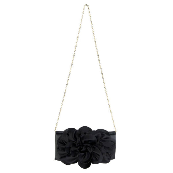 Soft Nappa Flap Clutch With Satin Rose Detail: BLACK