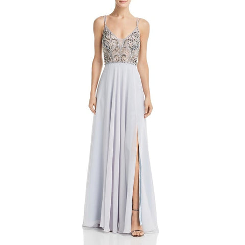 Aqua Embellished Silver Evening Gown