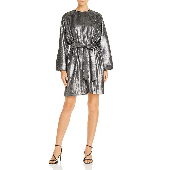 anine bing sequin dress Anine Bing Womens Angie Squined Long Sleeves Cocktail Dress Silver XS