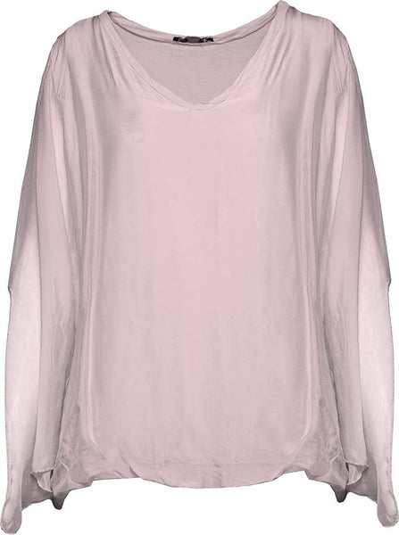 M Made In Italy - V-Neck Flounce Long Sleeve Blouse with Split-Cuff