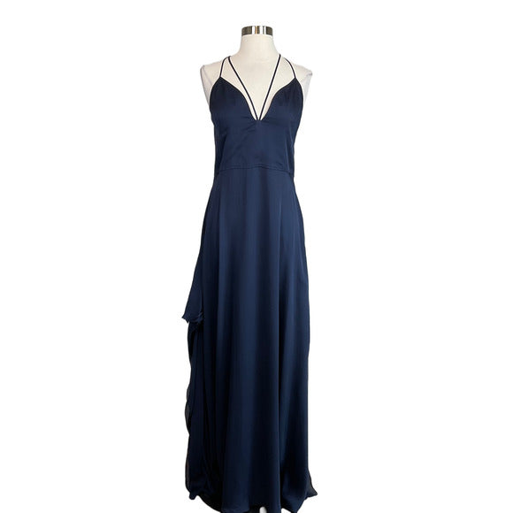 Leon Max Blue Silk Strappy Split Skirt Evening Gown Satori Boutique Leon Max Blue Silk Strappy Split Skirt Evening Gown Satori Boutique