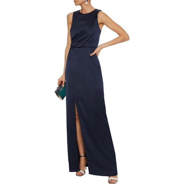 Halston Womens Satin Faux Wrap Evening Dress, Dark Navy Halston Womens Satin Faux Wrap Evening Dress, Dark Navy