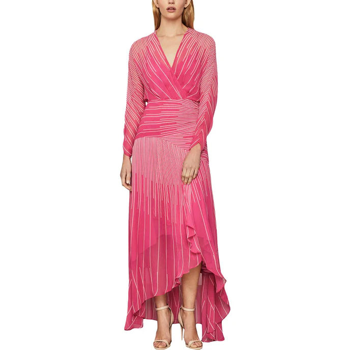 BCBGMAXAZRIA Stripped Ruffle High Low Cocktail Dress 2 / Ibis Rose BCBGMAXAZRIA Stripped Ruffle High Low Cocktail Dress 2 / Ibis Rose