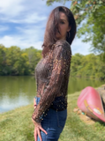 Ellyndale - Beads&sequin embroidered on mesh long sleeve blouse (Black/Gold): O/S (One Size) / Black/Gold