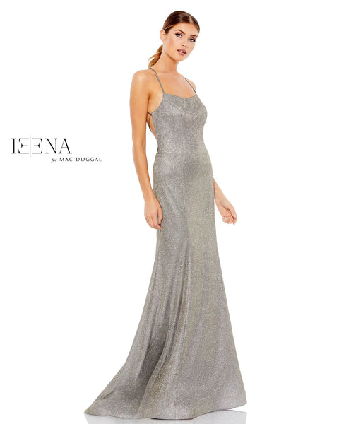 Ieena by Mac Duggal Silver Glitter Evening Gown