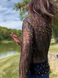 Ellyndale - Beads&sequin embroidered on mesh long sleeve blouse (Black/Gold): O/S (One Size) / Black/Gold