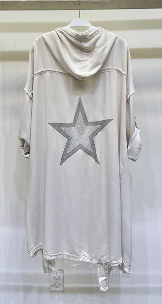 VENTI6  RHINESTONE STAR RAW EDGE CARDIGAN HOODIE