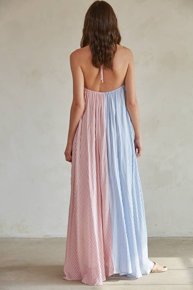 striped maxi dress open back White And Blue Striped Maxi Dress With Open Back