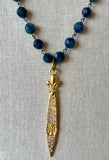 French Kande 32" Faceted Blue Apatite Linked, 24k Clad Twin Austrian Crystal Pointu Pendant