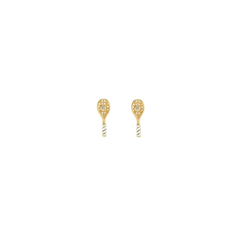 Kris Nations - Tennis Racket Crystal and Enamel Stud Earrings 18K Gold Vermeil | Sterling Silver CZ Crystal "Ball" Nickel Free Hypoallergenic Ships from CA