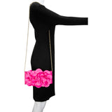 Soft Nappa Flap Clutch With Satin Rose Detail: BLACK