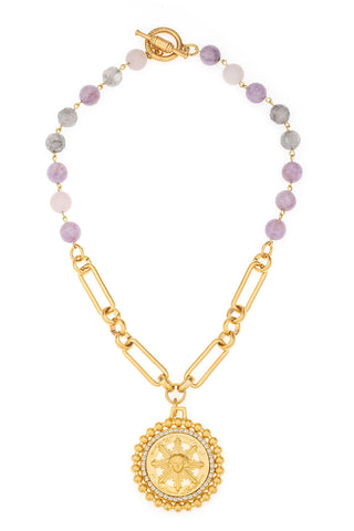 French Kande CHABLIS CHAIN AND LAVENDER MIX WITH AUSTRIAN CRYSTAL SUN KING MEDALLION