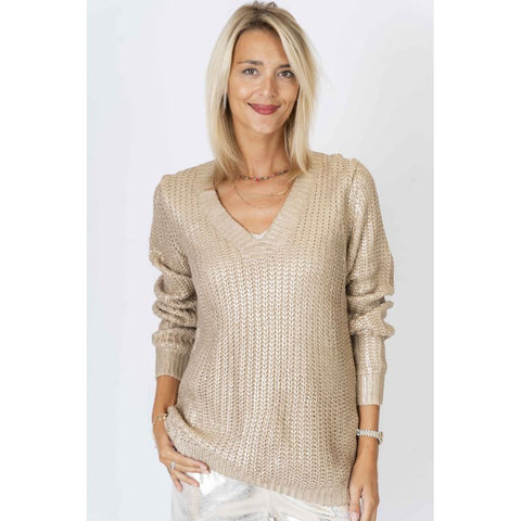 Look Mode V Neck Shimmer Knitted Sweater