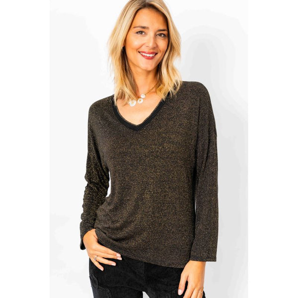 Look Mode V-Neck Long Sleeve Shirt with Gold Thread