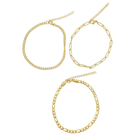 Adornia - Curb Chain, Paper Clip Chain, and Figaro Chain Anklet Set gold