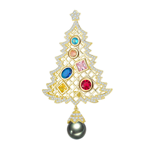 Timeless Pearl - Golden Christmas Tree Tahitian / Edison Pearl Brooch