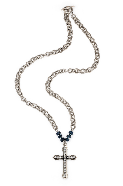 FRENCH KANDE - PROVENCE CHAIN WITH BLUE APATITE AND AUSTRIAN CRYSTAL FDL CHANNEL CROSS