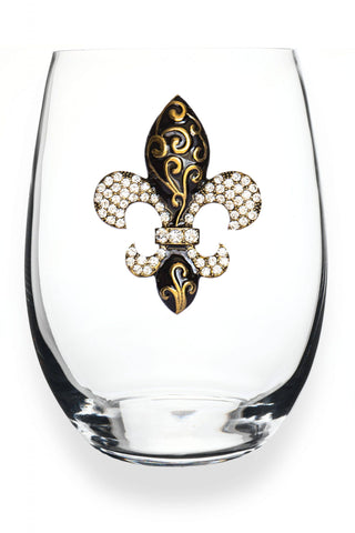 The Queens' Jewels® - Gold Swirl Fleur De Lis Jeweled Stemless Wine Glass