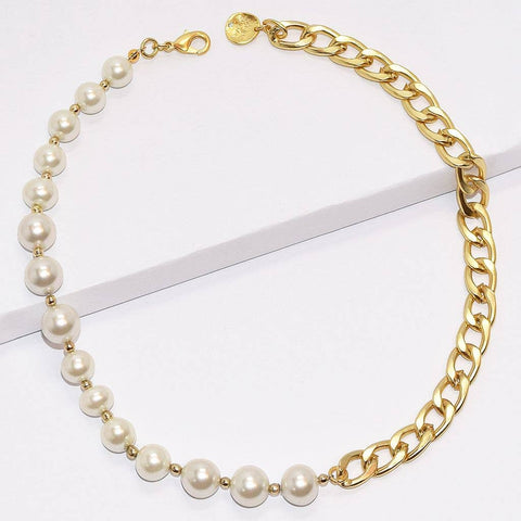 KARINE SULTAN - Half curb chain half pearl short necklace