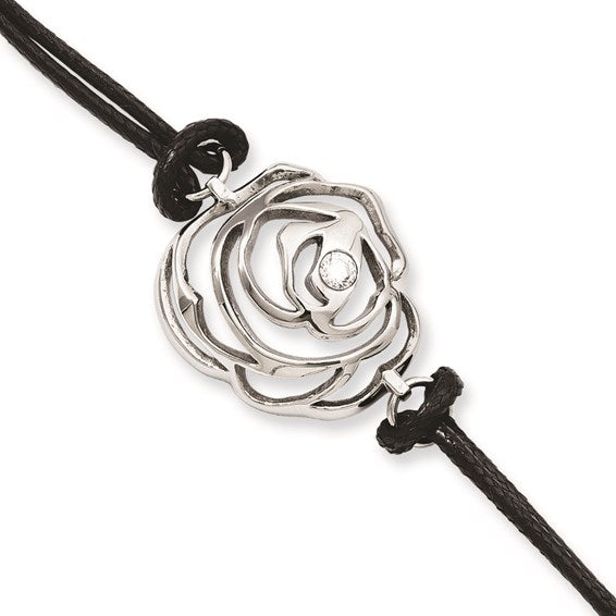 Stainless Steel Flower with CZ and Leather cord Bracelet
