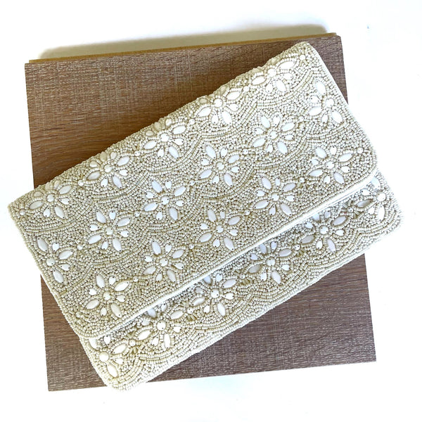 CRC Hand Beaded Ivory Flower Clutch