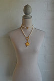 FRENCH KANDE WHITE PEARLS AND GOLD HEISHI WITH GOLD CROWNING MARY MEDALLION AND PEARL DANGLE