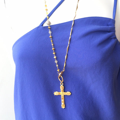 French Kande 42” Soliel Mix Linkage with 24k clad Diamond chain and Yellow Opal Channel Cross