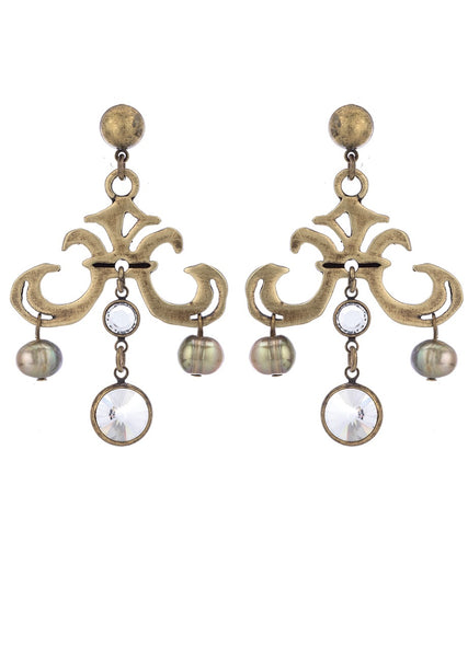French Kande GRAND FLEUR EARRINGS WITH SWAROVSKI AND CHARTREUSE PEARL DANGLES