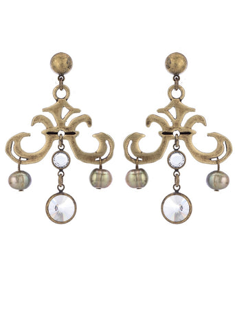 French Kande GRAND FLEUR EARRINGS WITH SWAROVSKI AND CHARTREUSE PEARL DANGLES