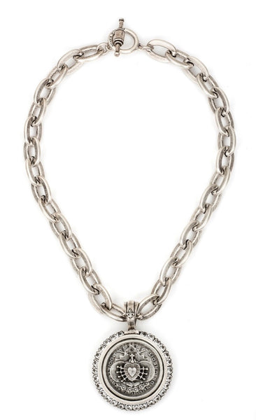French Kande LOURDES CHAIN WITH CENTENNIAL I HEART STACK MEDALLION AND SWAROVSKI