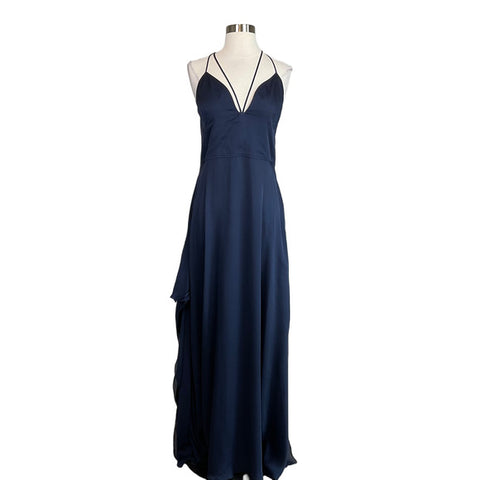 Leon Max Blue Silk Strappy Split Skirt Evening Gown