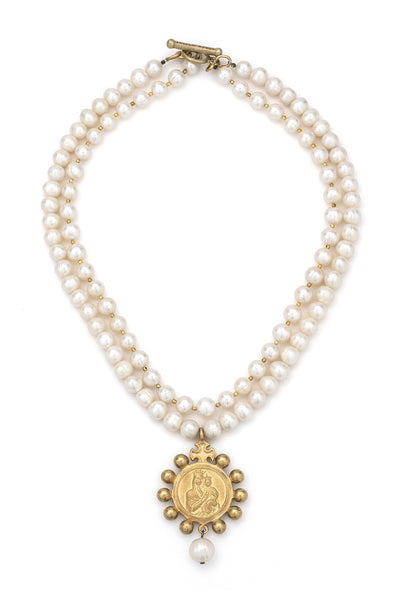 French Kande White Pearl and Gold Heishi
