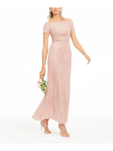 Adrianna Papell Pink Back Slit Lined Short Sleeve Maxi Gown