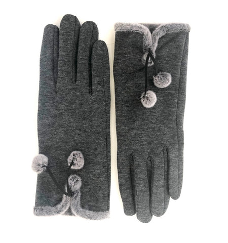 CRC Redefined Charcoal Pom Pom Touch Screen Stretch Glove with Grey fur trim