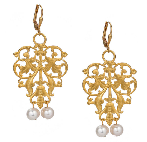French Kande French Filigree Earrings with Pearl Dangles
