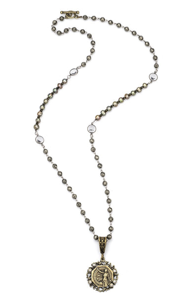 French Kande PYRITE WITH SILVER WIRE, SWAROVSKI, CHARTREUSE PEARLS AND LACE MEDALLION