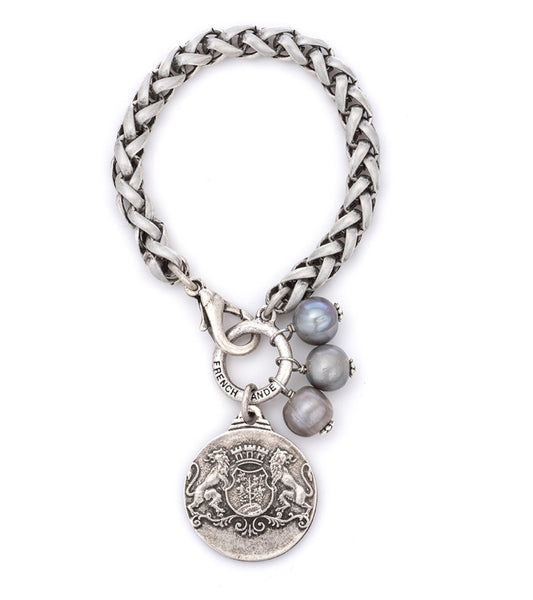 French Kande CHEVAL CHAIN WITH AIME MEDALLION AND SILVER PEARL DANGLES