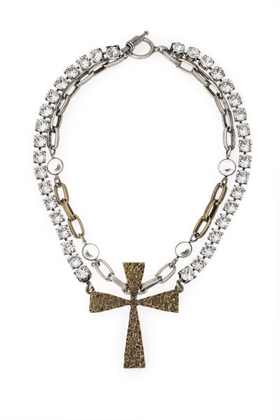 FRENCH KANDE  DOUBLE STRAND LYON CHAIN AND AUSTRIAN CRYSTAL WITH FRENCH CROSS