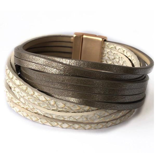 CRC Redefined Bronze and Ivory Multi Strand Leather Magnetic Bracelet