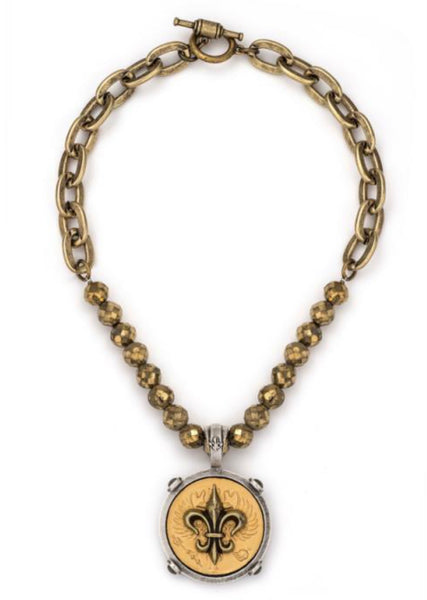 French Kande-Golden Druzy with Lourdes Chain and Canard Fleur Medallion