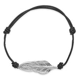 Sterling Silver Leaf Black Leather Bracelet