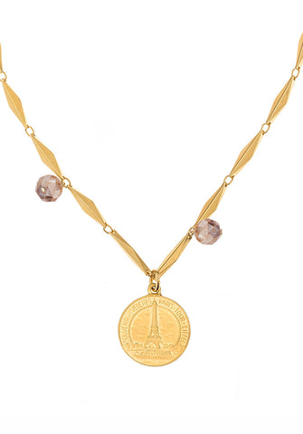 FRENCH KANDE DIAMONT APRICOT MOONSTONE NECKLACE WITH EIFFEL MEDALLION